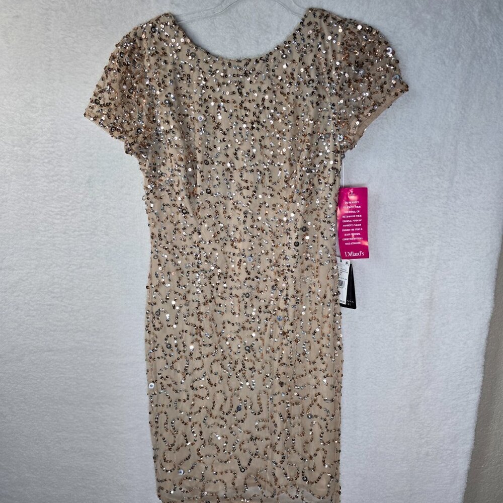 NWT Adrianna Papell Full Sequin Metallic Cap Sleeve Mini Dress In Gold Size 4 - Picture 2 of 8